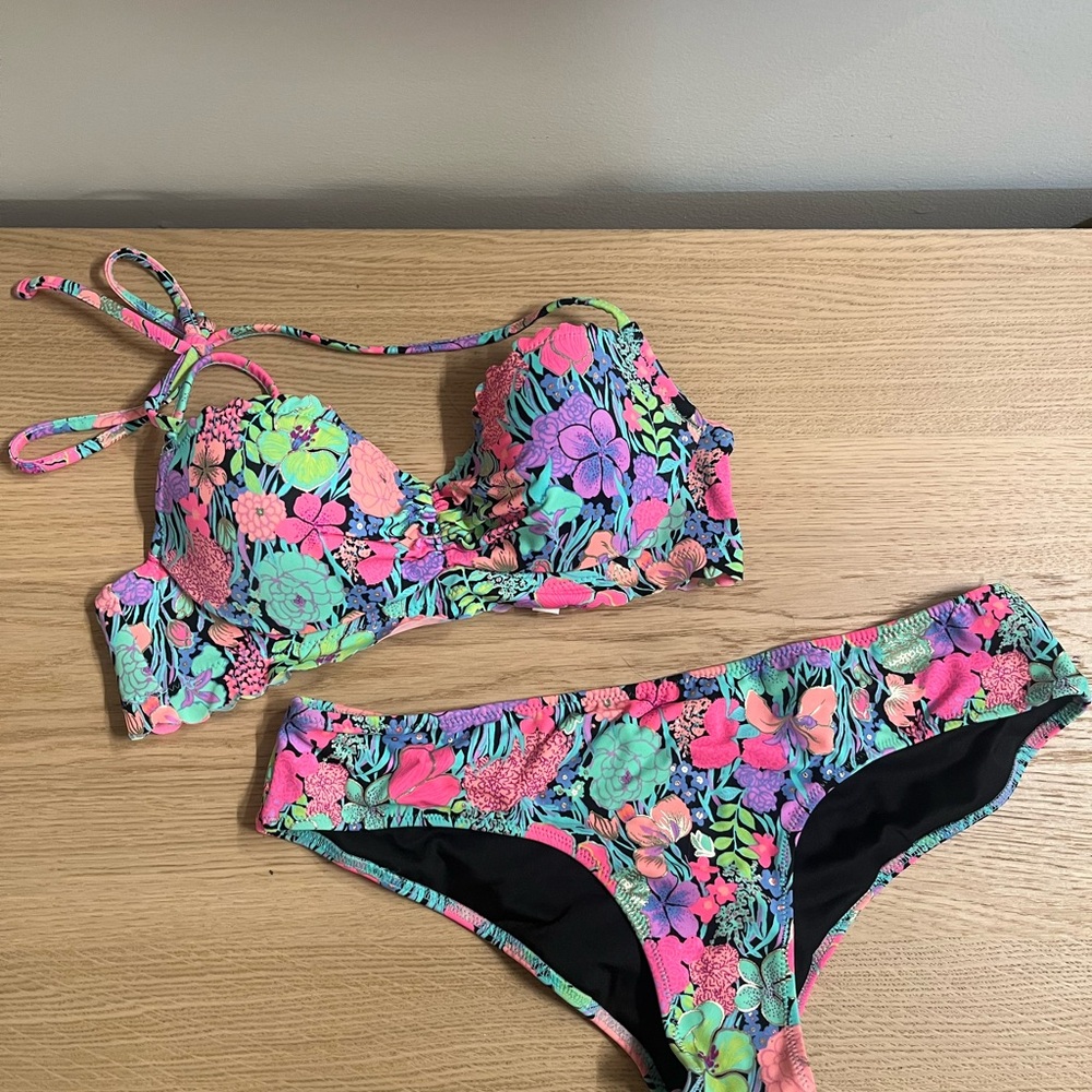 Victoria's Secret Neon Floral Bikini Set - Pink, Green, Purple, Black